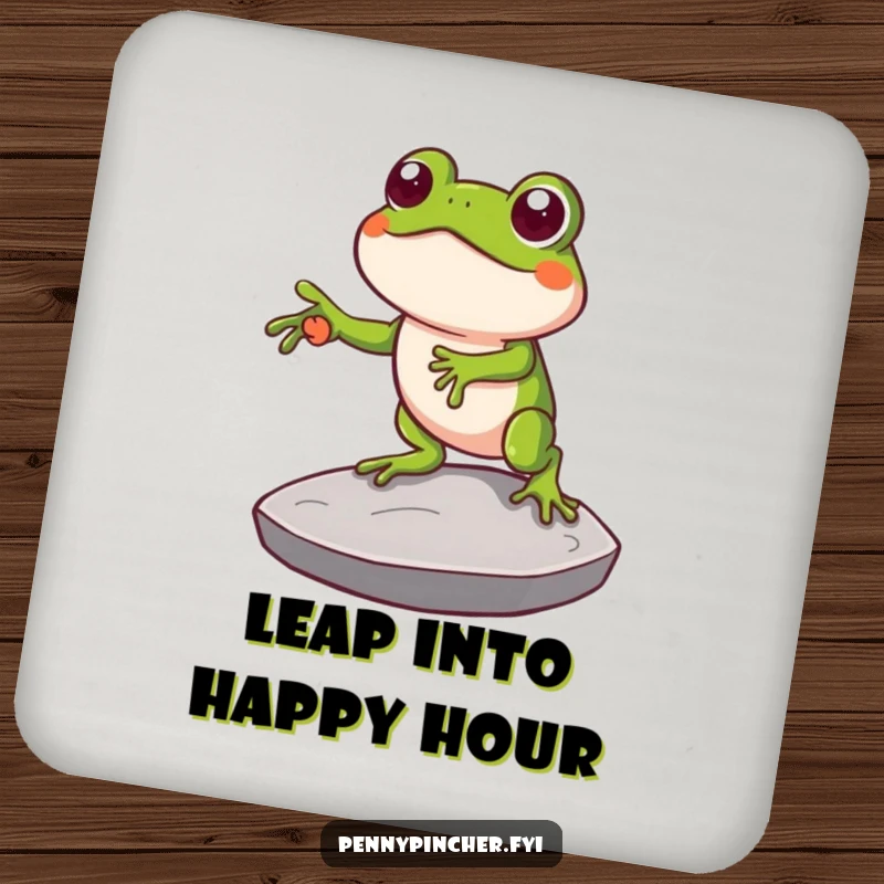 Funny drink coaster showing a clever frog character using a large coin as a stepping stone, adding humorous protection for surfaces with a resourceful theme.