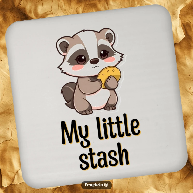 Funny Badger Coaster: A cautious badger character hiding a coin behind its back, offering delightful surface protection.