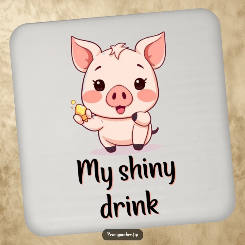 Funny piglet drink coaster with a happy Kawaii character showing a shiny object, adding charm.