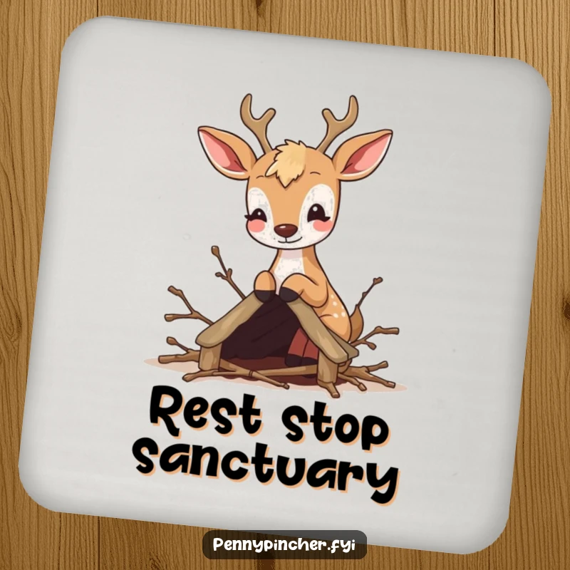 Funny drink coaster featuring a bouncy deer focused on building a miniature shelter from twigs, protecting surfaces.