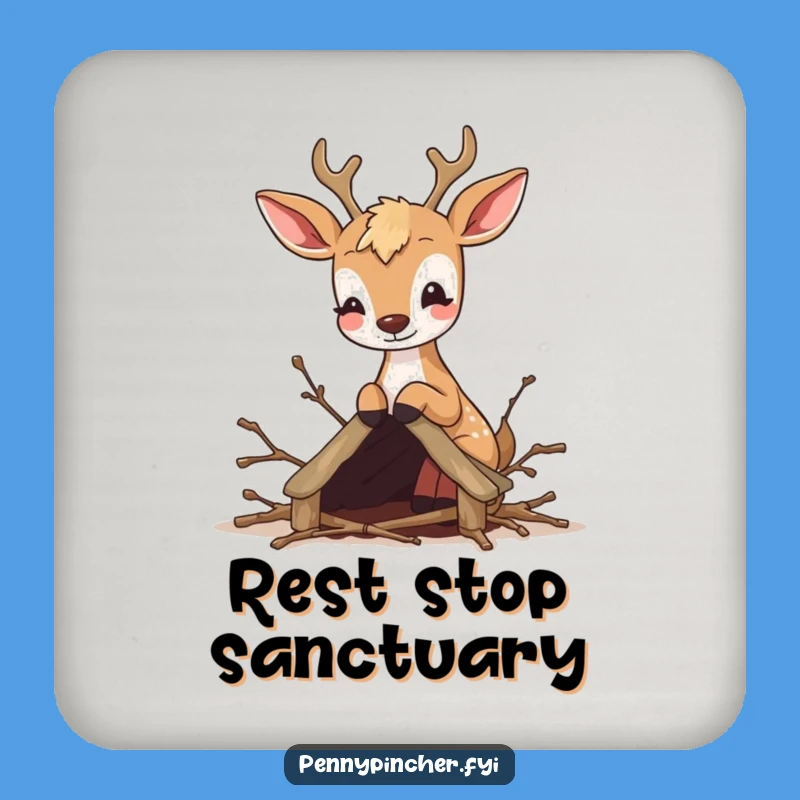 Funny Deer Crafter Coaster: Protect surfaces with a cute deer crafting a twig house, a funny gift.