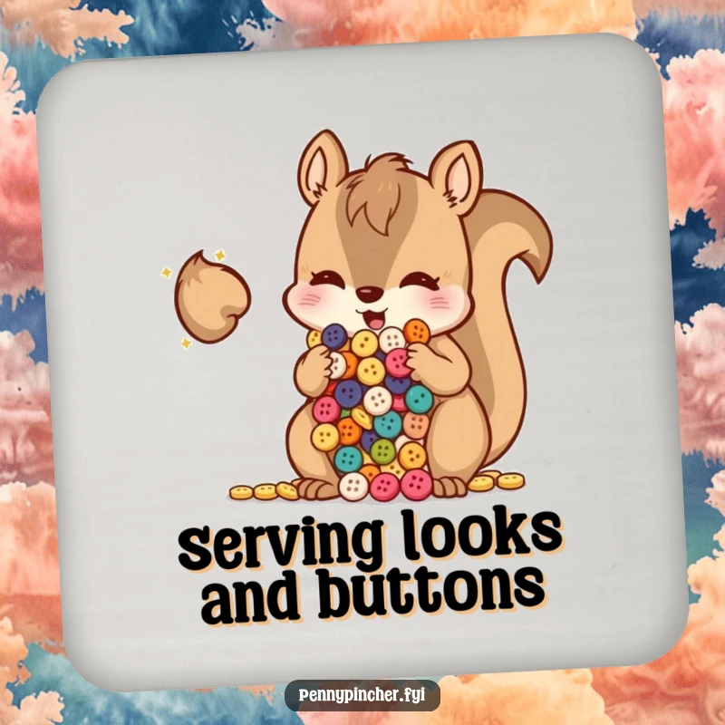 Funny squirrel with bulging cheeks full of shiny buttons, a humorous and charming coaster for drink protection.