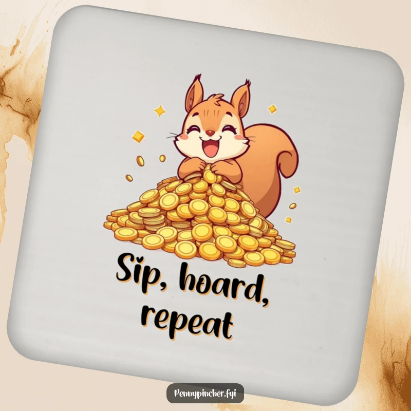 Funny squirrel drink coaster with a squirrel character hoarding shiny coins, perfect for protecting surfaces and adding a touch of financial humor.