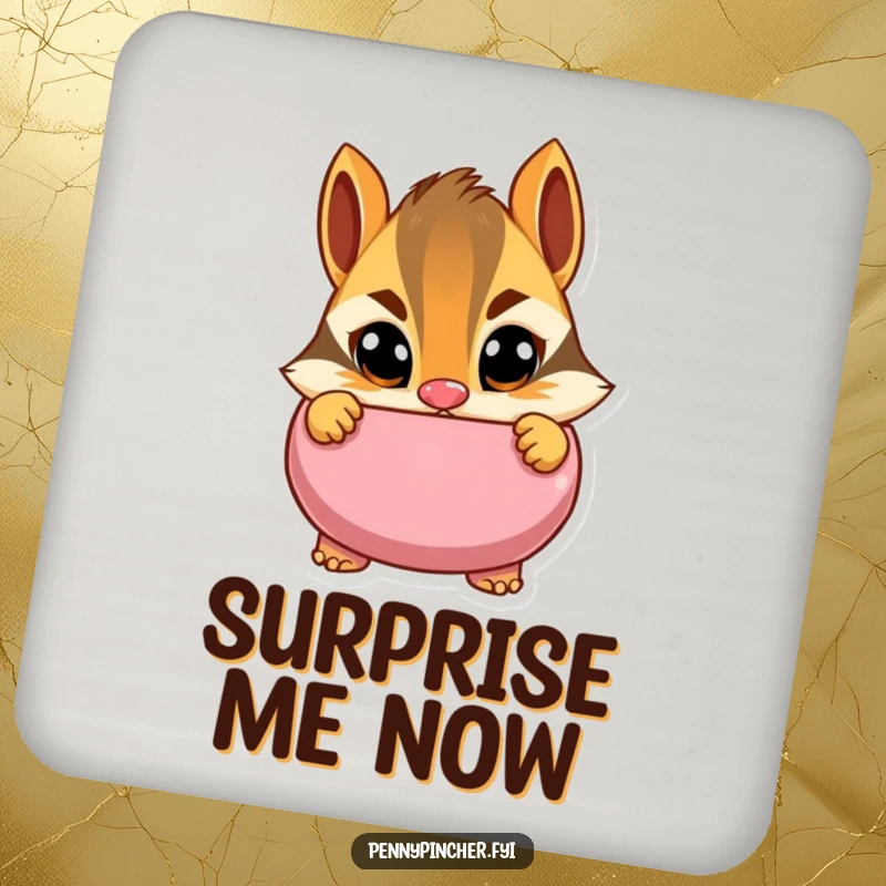 Funny drink coaster showing a cautious chipmunk character peeking into a piggy bank with wide eyes, adding humorous protection for surfaces with a watchful theme.