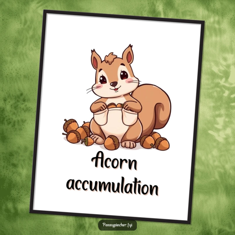 Funny poster print of a squirrel character hoarding acorns with comically oversized pockets, emphasizing preparedness.
