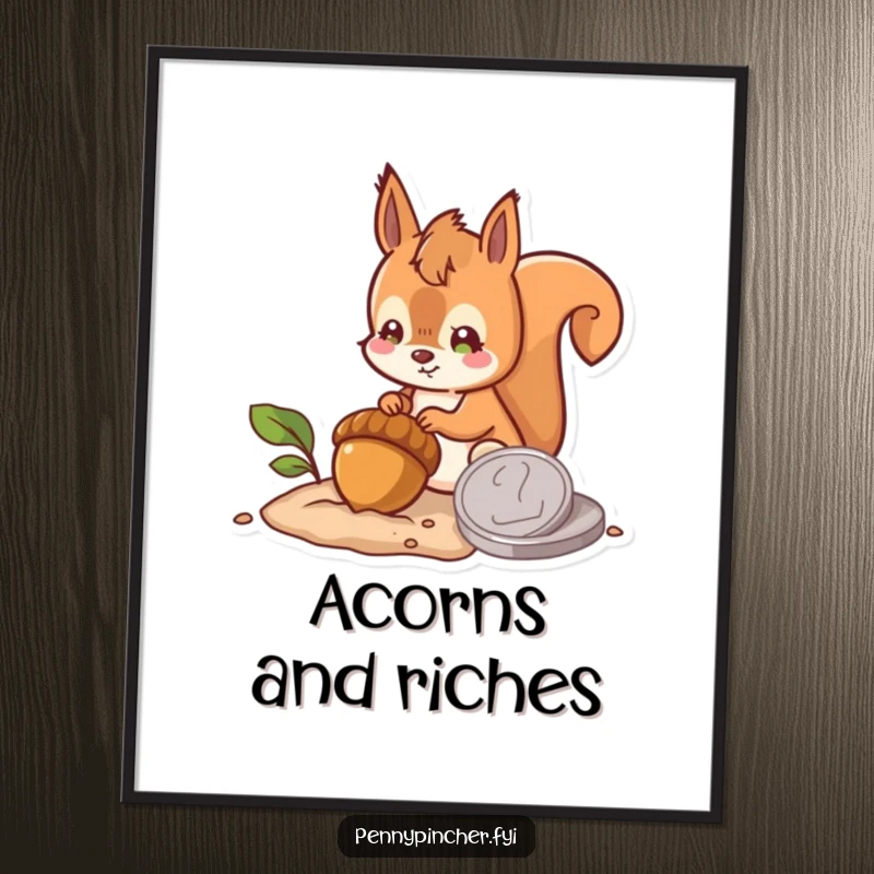 Funny poster of a hopeful squirrel character burying an acorn next to a large coin, conveying a humorous sense of future planning and optimism.