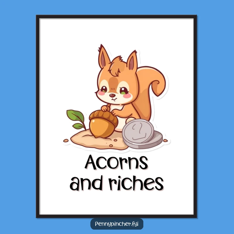 Funny Hopeful Squirrel Burying Acorn Coin Poster: Wall Art for a Brighter Future