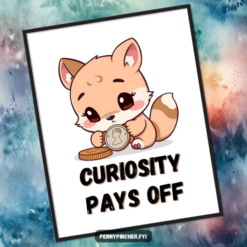 Funny curious animal character meticulously inspecting a coin, presented as a detailed poster for thoughtful wall art.