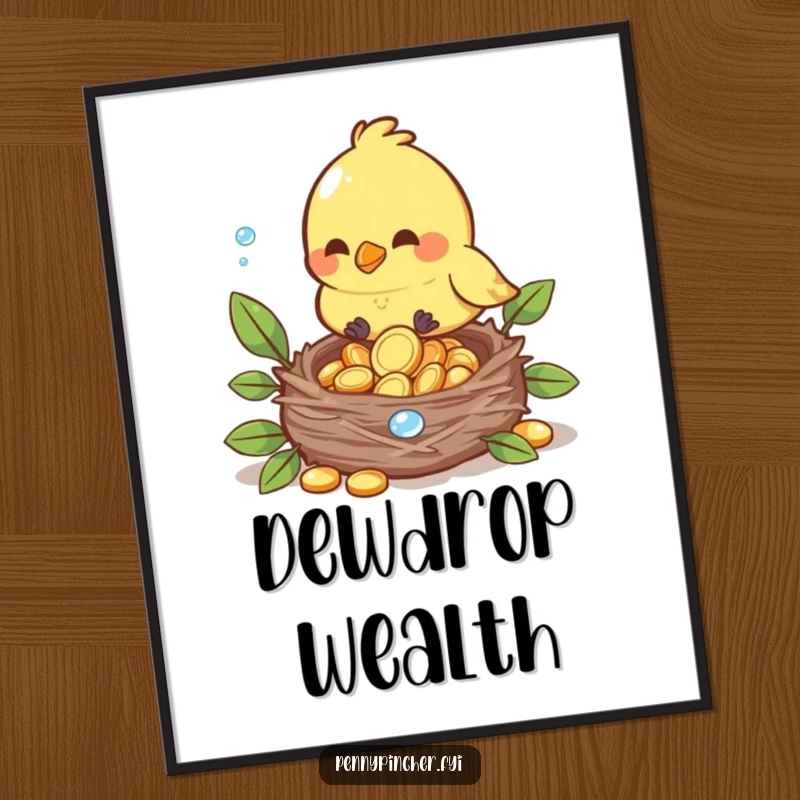 Funny poster print of a bird carefully placing shiny dewdrop coins into its nest, enchanting wall art.