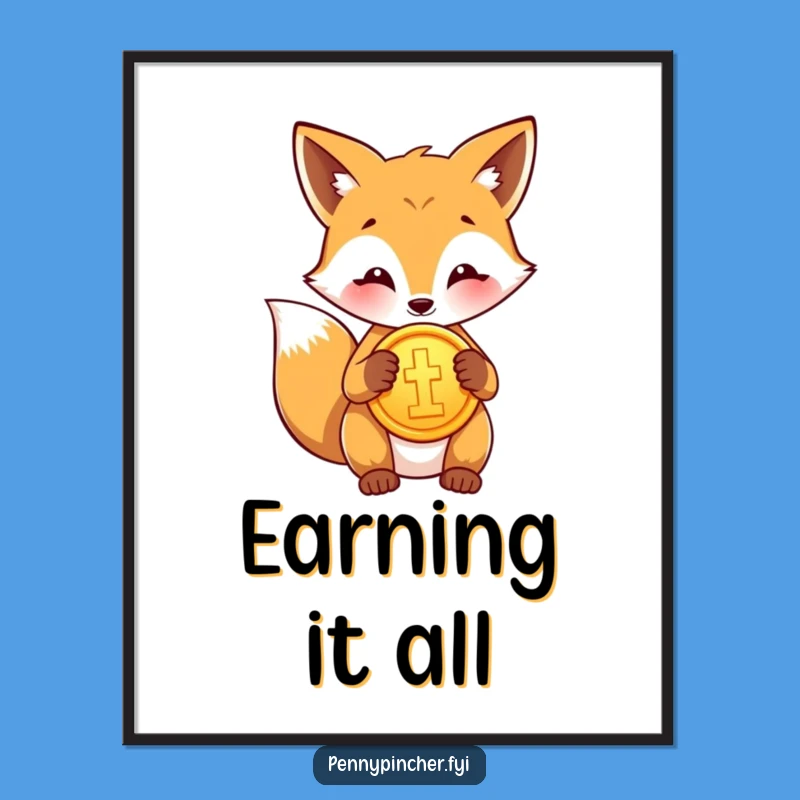Funny Fox Polishing Gold Coin Poster - Amusing Wall Art, Perfect Funny Gift