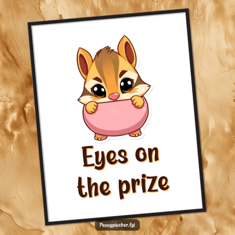 Funny poster of a cautious chipmunk character peeking into a piggy bank with wide eyes, conveying a humorous sense of watchfulness and financial prudence.