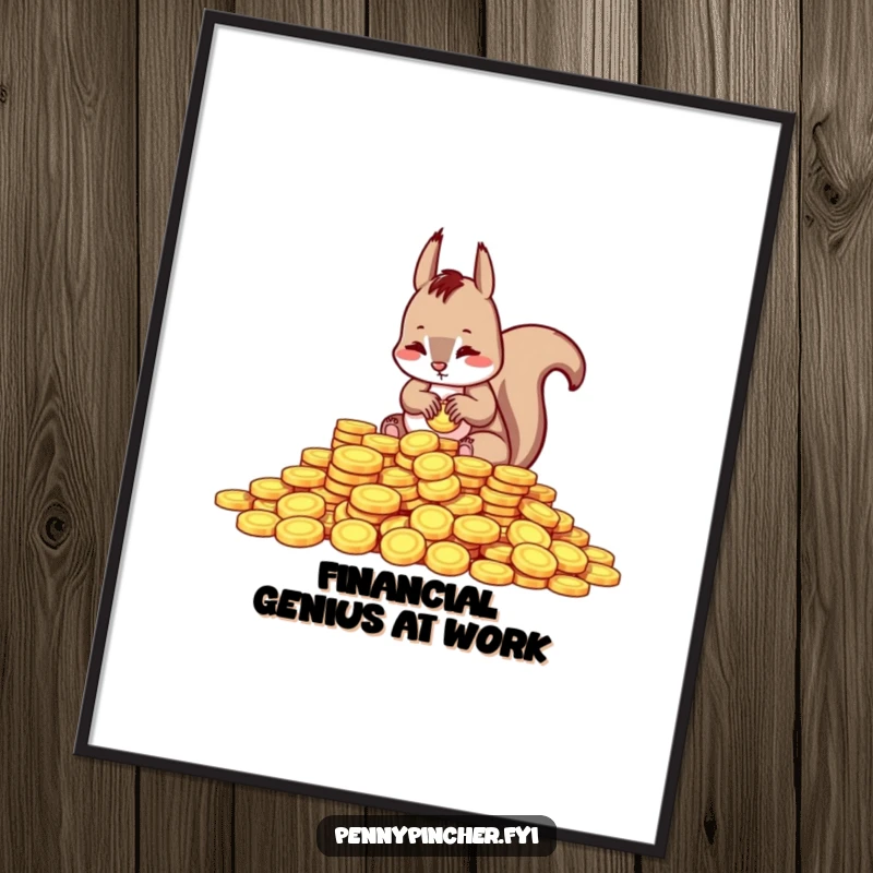 Funny poster artwork of a squirrel character focused on meticulously counting a pile of shiny coins, symbolizing wealth and humor.