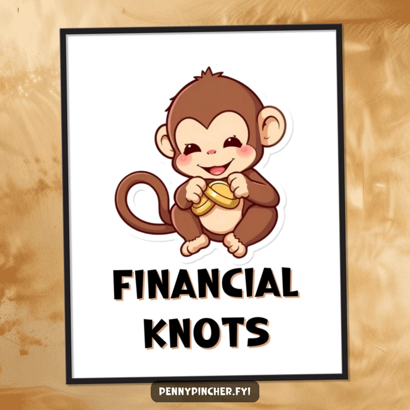 Funny Poster of a monkey character creatively attempting to tie a knot in a coin, representing problem-solving.
