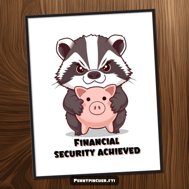 Funny poster featuring a grumpy badger character with crossed arms, sternly guarding a tiny piggy bank with determination.