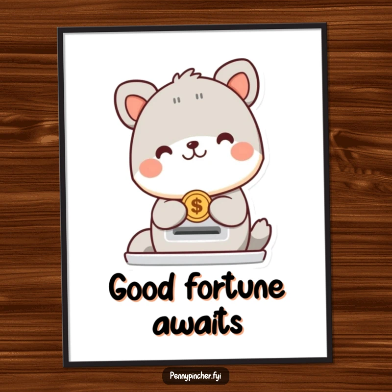 Funny animal character poster showing a cheerful creature happily placing a coin into a slot, perfect humorous wall decor for enthusiasts.