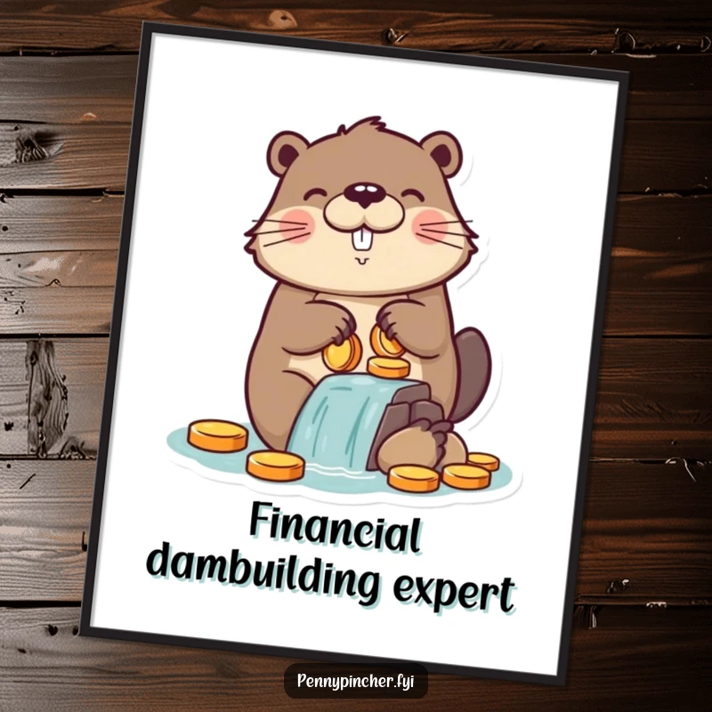 Funny poster art of a proud beaver character meticulously constructing a dam out of gleaming coins, a humorous representation of financial strategy.