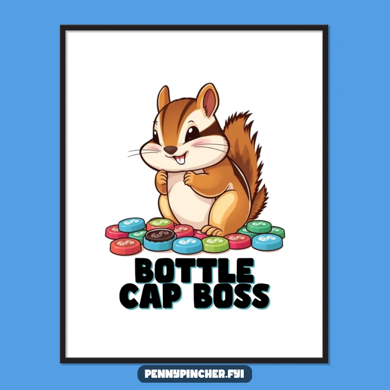 Funny Chipmunk Arranging Bottle Caps Poster: Quirky Wall Art & Hilarious Gift