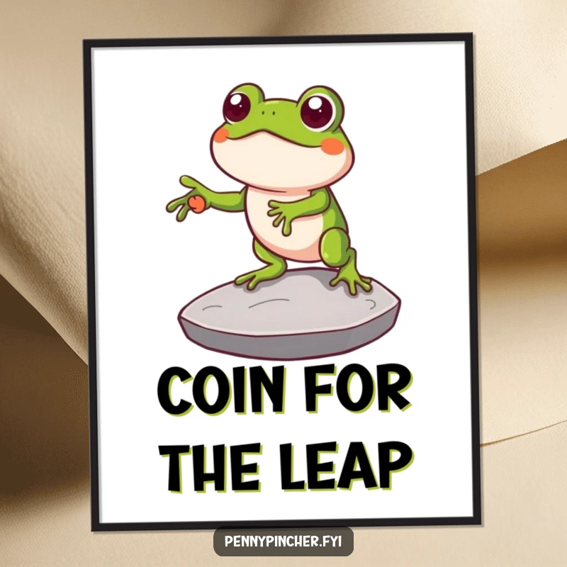 Funny poster of a clever frog character using a large coin as a stepping stone, conveying a humorous sense of resourcefulness and achievement.