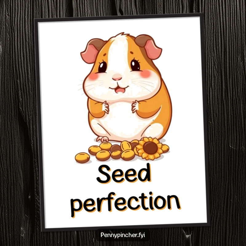 Funny guinea pig poster, a contented character meticulously arranging sunflower seeds, neat and humorous wall art.