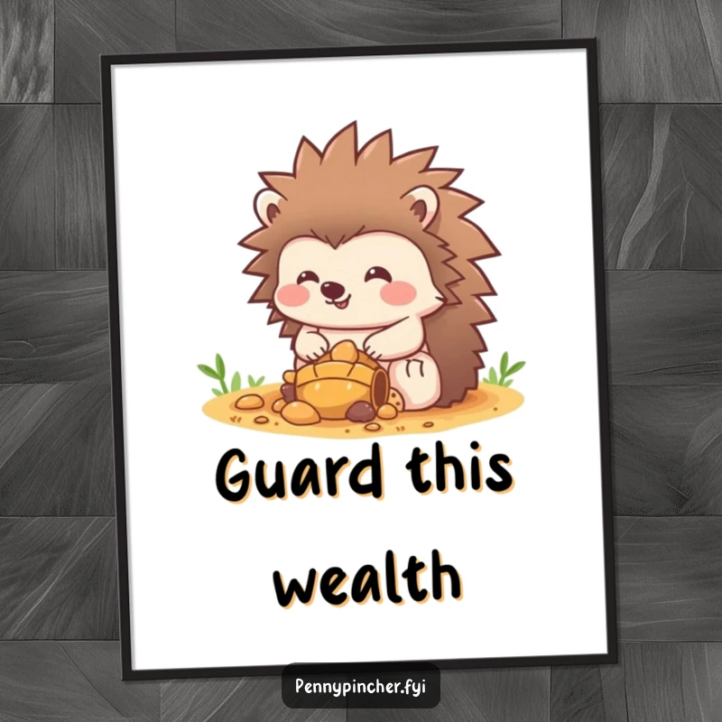 Funny Hedgehog Poster: A jubilant hedgehog character diligently guards a small mountain of glittering treasure, exuding happiness. Perfect funny gift!