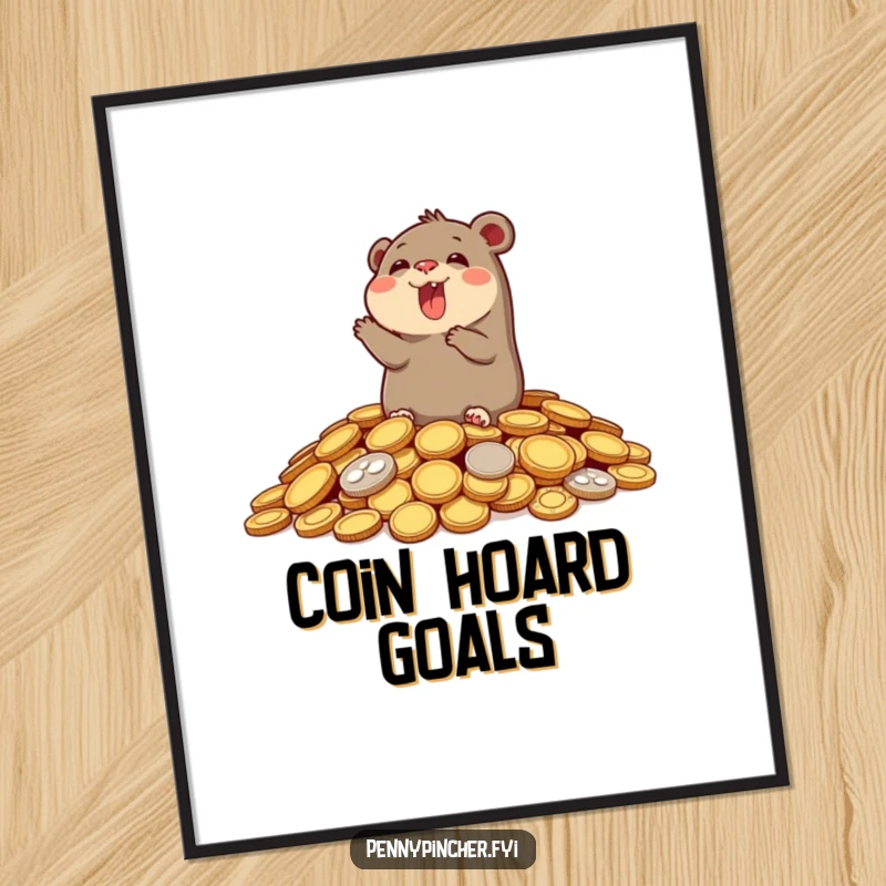 Funny poster art of a delighted mole popping out of a mountain of shimmering coins, conveying a sense of unexpected wealth and joy.