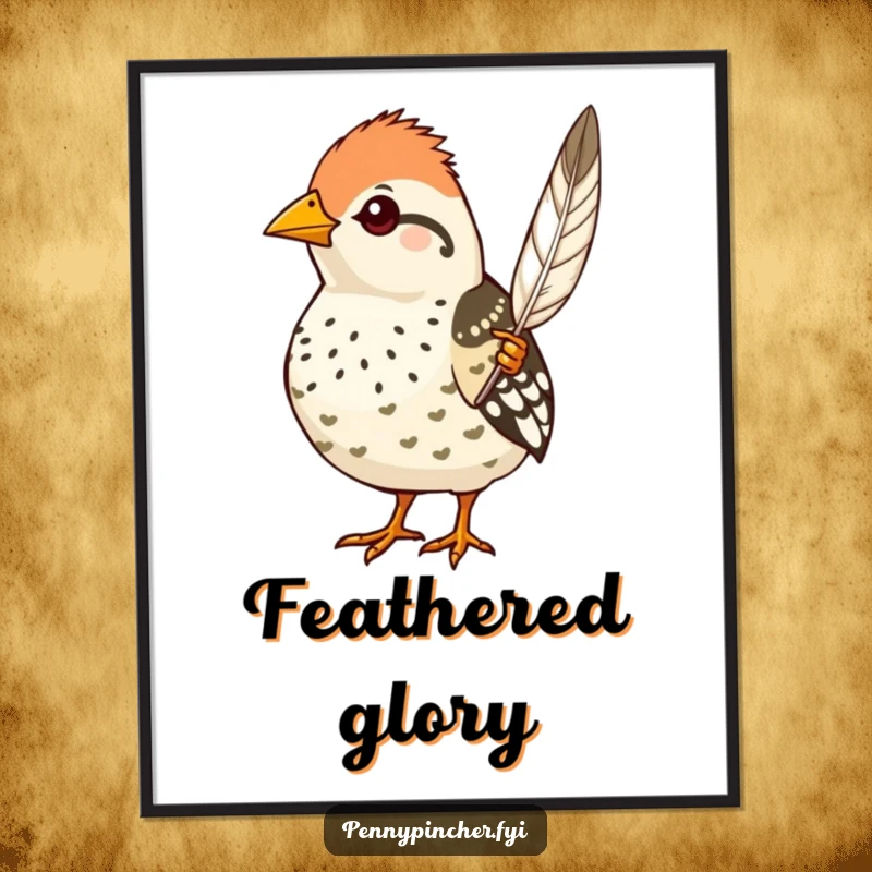 Funny quail poster, a proud character displaying a single perfect feather, elegant and humorous wall art.
