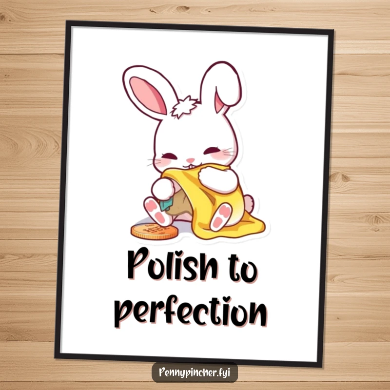 Funny poster print of a rabbit meticulously polishing a shiny penny with a cloth, witty wall art.