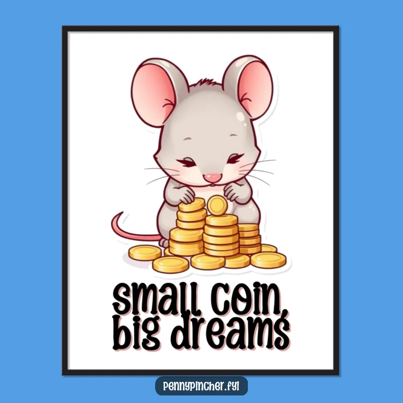Funny Shy Mouse Counting Coins Poster: Adorable Wall Art for a Humorous Home