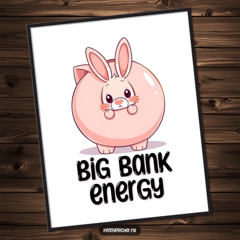 Funny shy rabbit character peeking from behind a large piggy bank, a humorous poster for introverts.