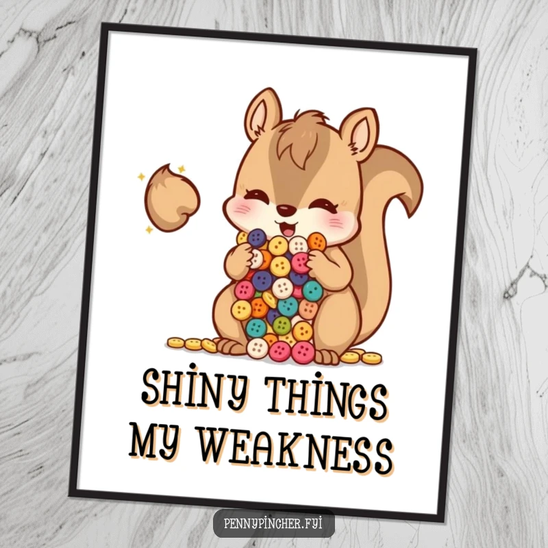Funny squirrel with bulging cheeks full of shiny buttons, a humorous and delightful wall art.