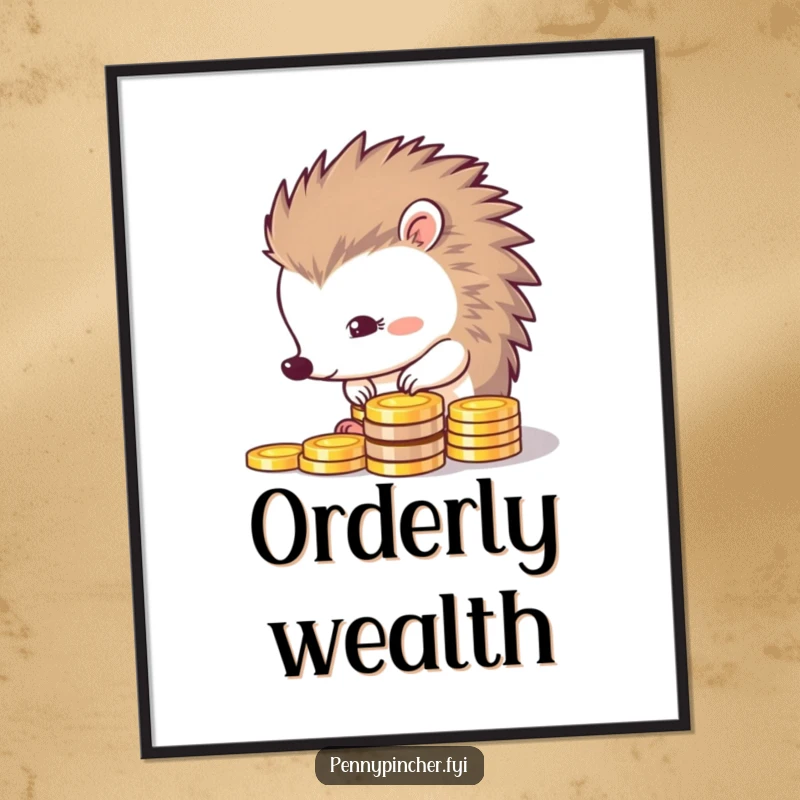 Funny poster art depicting a thrifty hedgehog meticulously lining up a row of shiny coins, emphasizing careful saving.