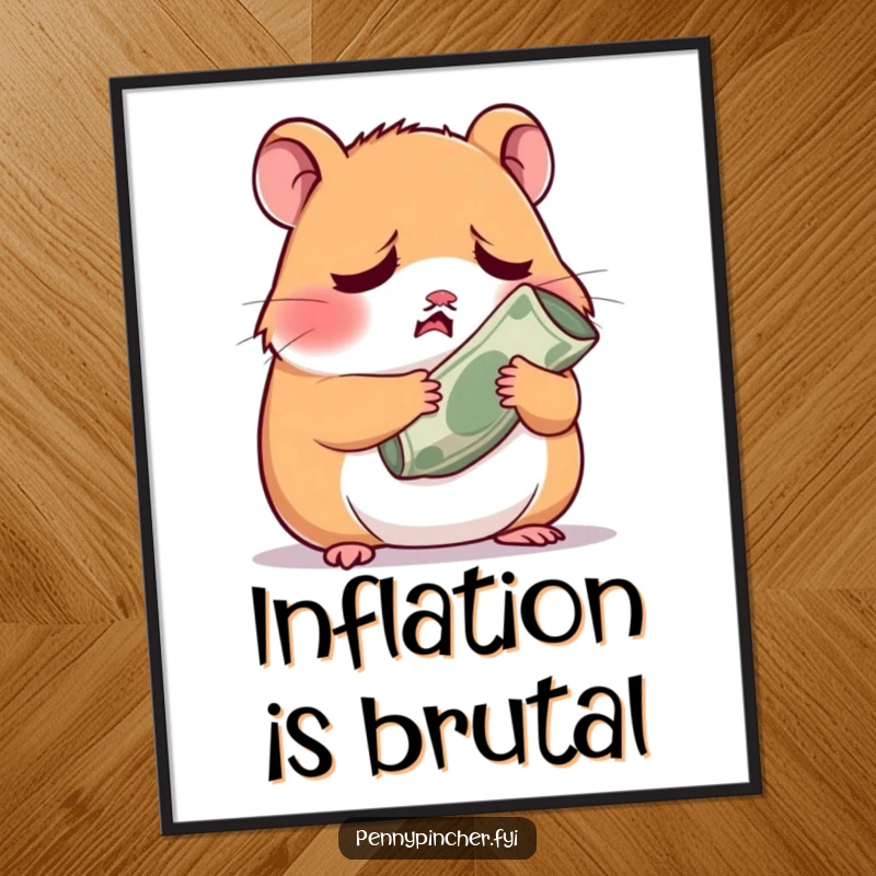 Funny worried hamster character clutching a tiny rolled-up bill, a humorous piece of wall art for any room.