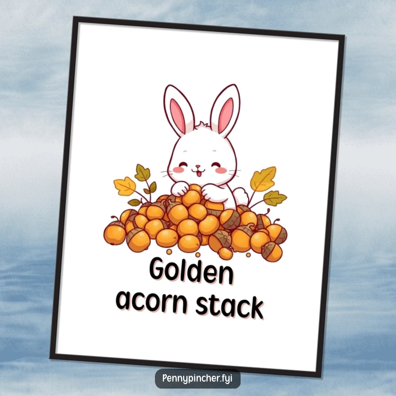 Funny Rabbit Poster: A happy rabbit character counting a plentiful pile of shimmering golden acorns.