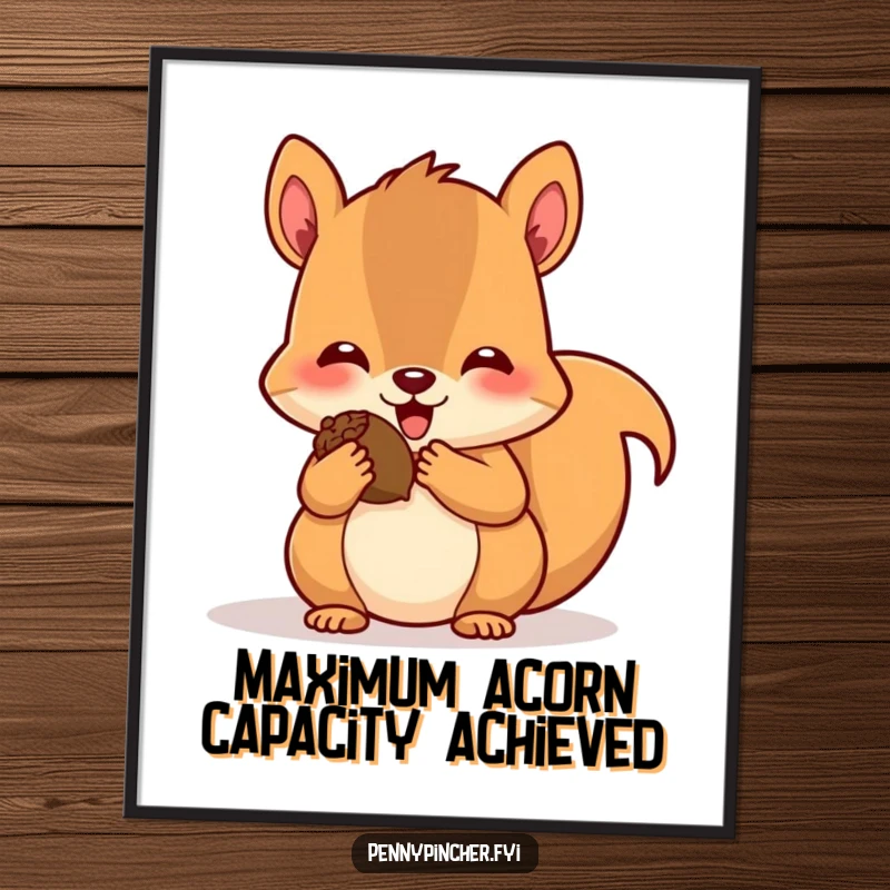 Funny poster showing a cute squirrel with extremely stuffed cheeks, looking very pleased while holding a pile of acorns, radiating happy hoarding.