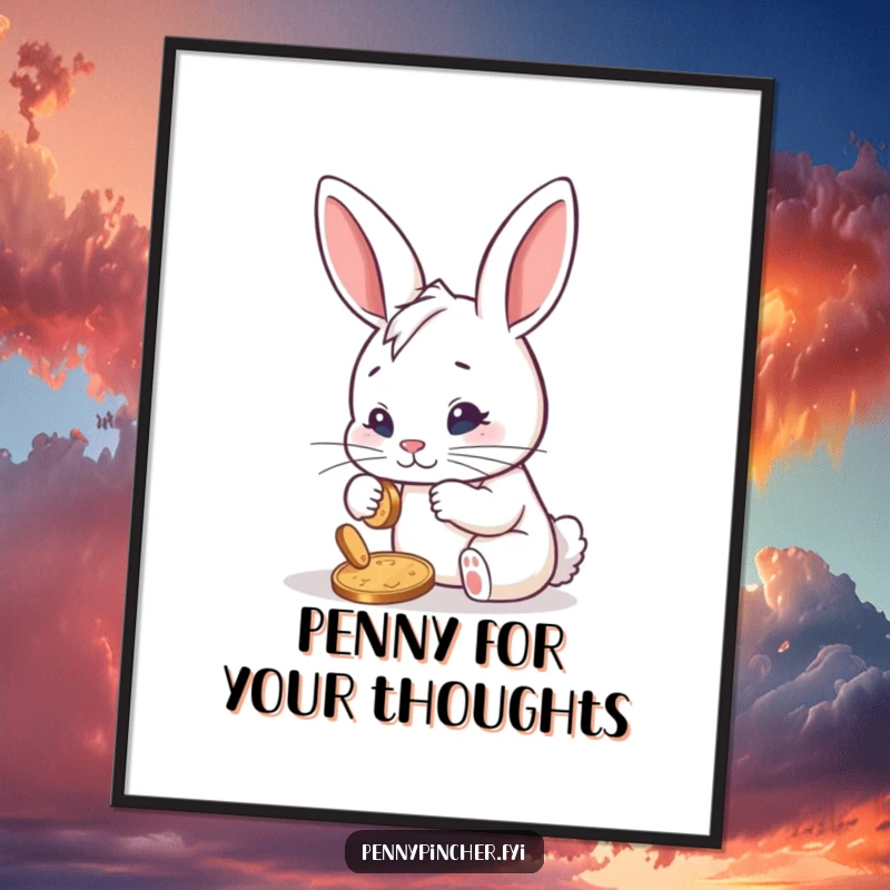 Funny poster of a determined rabbit character meticulously polishing a single shiny penny, conveying a humorous sense of dedication and achievement.