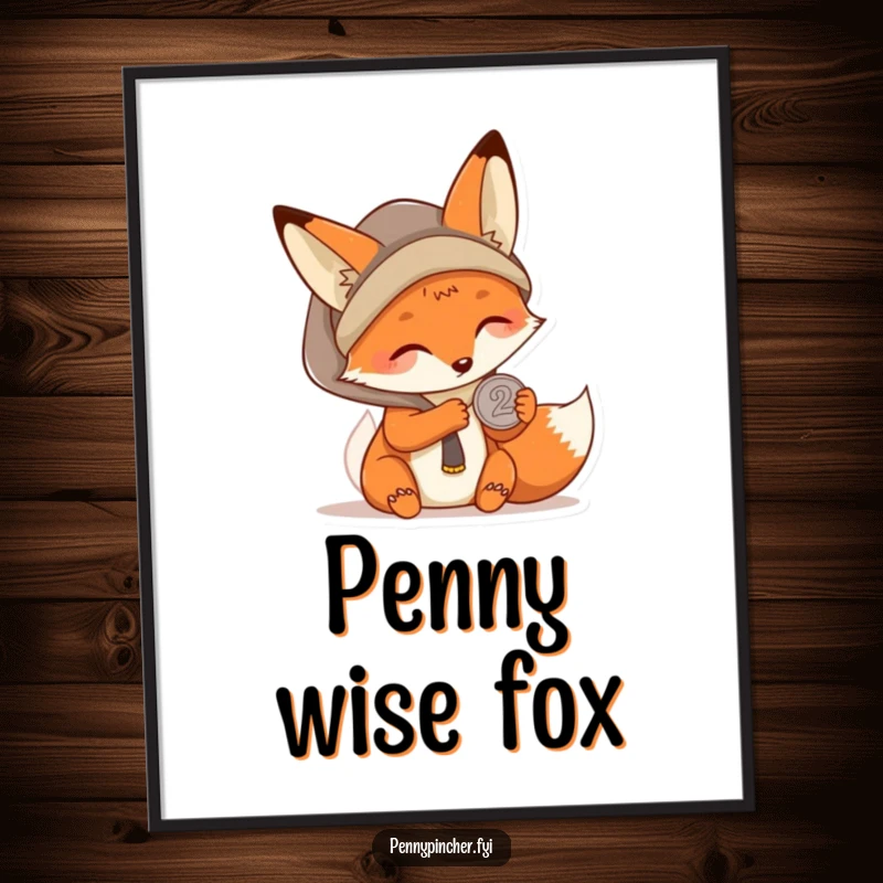 Funny Kawaii fox poster showing a character carefully examining a single coin, perfect for adding a touch of clever and humorous wall decor.