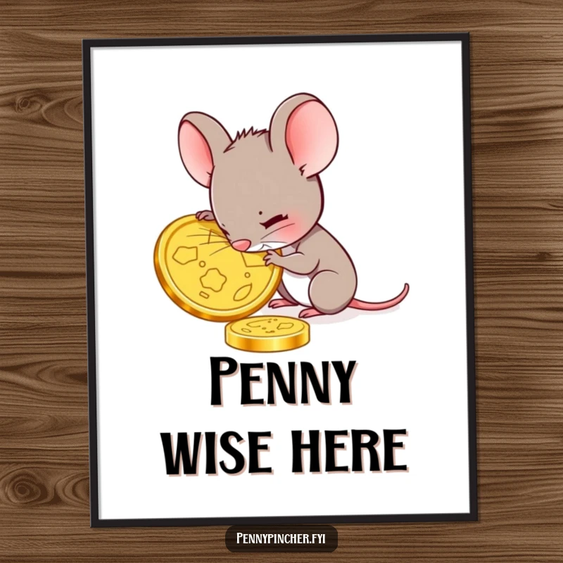 Funny mouse poster showcasing a tiny mouse intently studying a large gold coin, conveying themes of focus, detail, and the value of treasures.