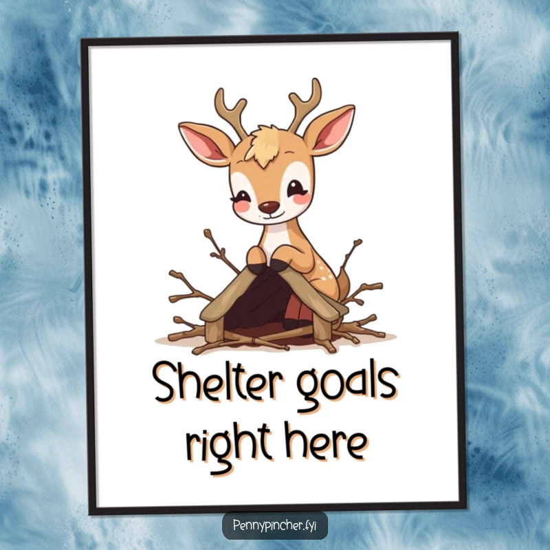 Funny poster showcasing a bouncy deer carefully gathering twigs to build a miniature shelter, a charming forest scene.