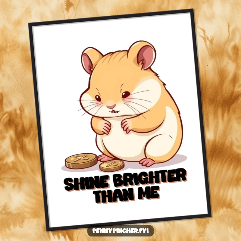 Funny determined hamster carefully polishing a shiny penny until it gleams, a humorous and motivational wall art.