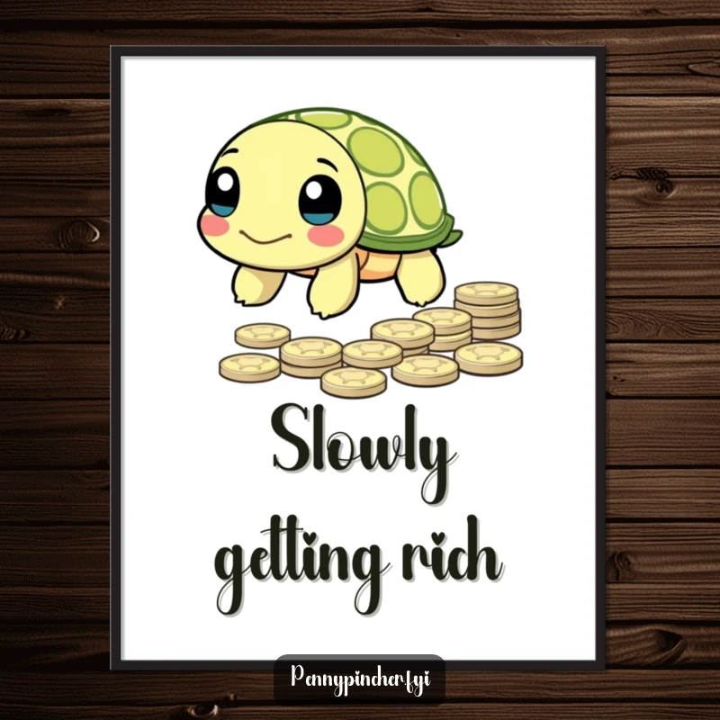 Funny Poster depicting a turtle character's slow but steady movement towards a glittering pile of pennies.
