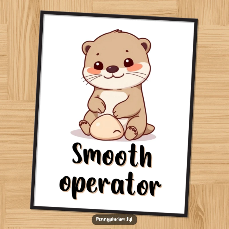 Funny otter poster, a cheerful character playing with a small smooth pebble, joyful and humorous wall art.