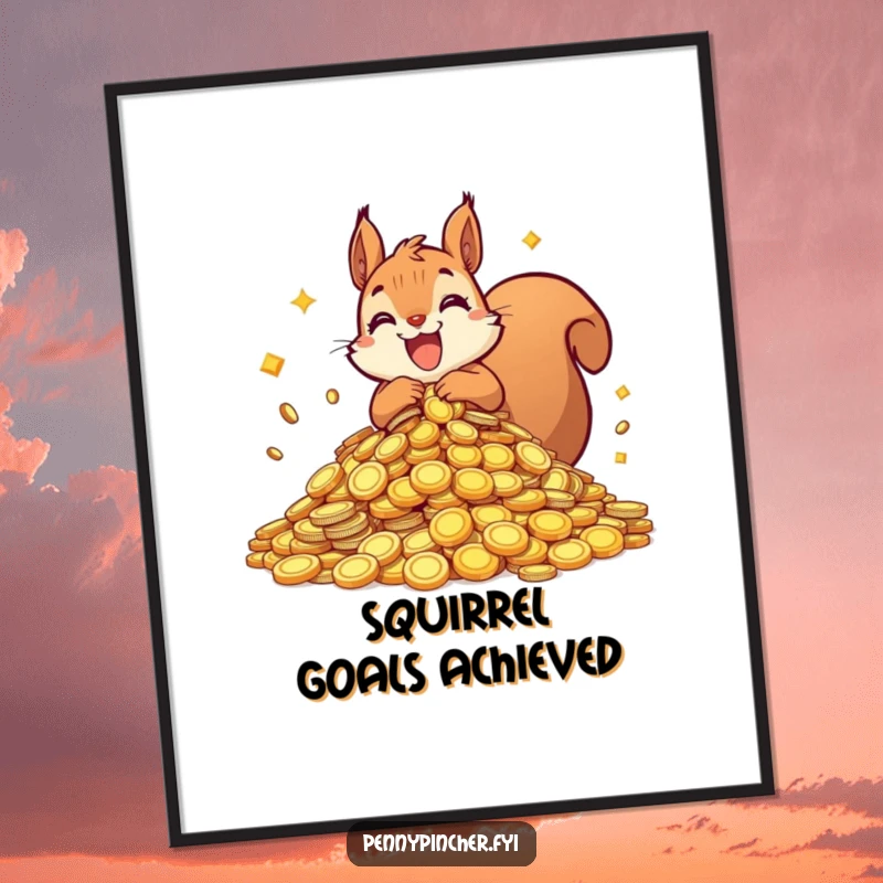 Funny squirrel poster showcasing an ecstatic squirrel overjoyed with a vast collection of shiny coins, conveying themes of wealth and ambition.
