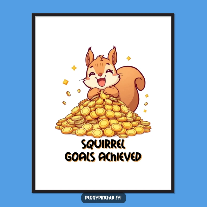 Funny Squirrel Hoarding Poster: Shiny Coins Wall Art, Wealth Decor Gift