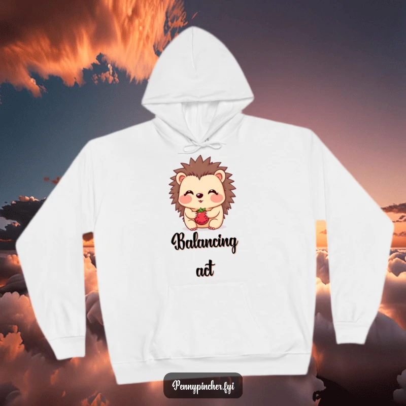 Funny hedgehog hoodie, a blushing character balancing a berry on its snout, warm, shy, and humorous apparel.