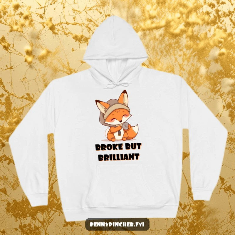 Funny Kawaii fox hoodie depicting a character carefully examining a single coin, offering warmth and a humorous nod to resourcefulness.