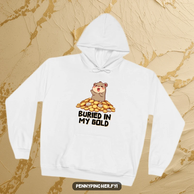 Funny hoodie print of a gleeful mole emerging from a huge pile of gleaming coins, exuding happiness and abundance.