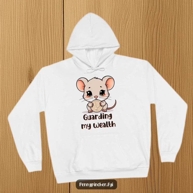 Funny hoodie showing a cautious mouse character protectively guarding a shiny penny, offering warmth and a humorous, minimalist theme.