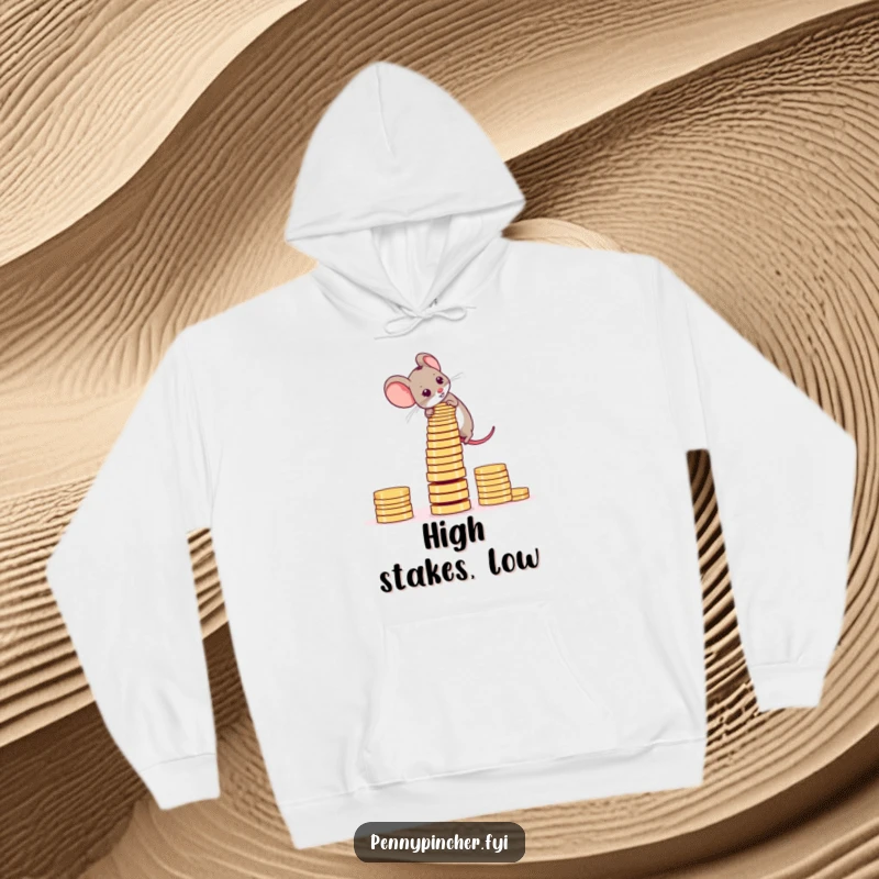 Funny Hoodie showing an ambitious mouse meticulously stacking coins into a precarious, tall tower.