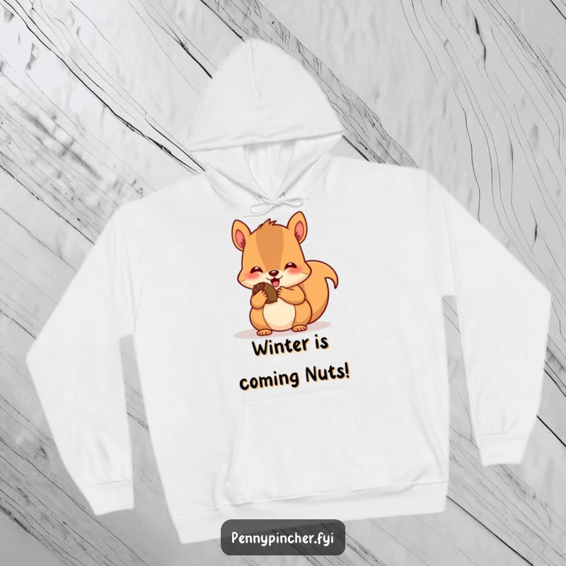 Funny hoodie depicting a happy squirrel with bulging cheeks, clutching acorns, embodying a pleased and cozy woodland creature enjoying its bounty.
