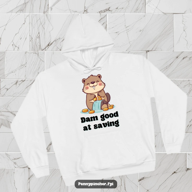 Funny hoodie showcasing a proud beaver character constructing a sturdy dam using a wealth of shiny coins, embodying financial prudence humorously.